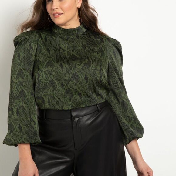 Eloquii Tops - Eloquii Green Snake Skin Puff Sleeve Blouse Size 18